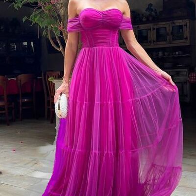 Elegant hot pink fuchsia off the shoulder prom dress evening formal gowns - Thumbnail 4