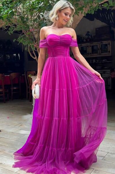 Elegant Hot Pink Fuchsia Off the Shoulder Prom Dress Evening Formal Gowns