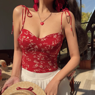 Retro holiday style hot girl sexy slim floral strappy camisole