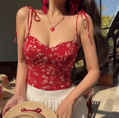 Retro holiday style hot girl sexy slim floral strappy camisole