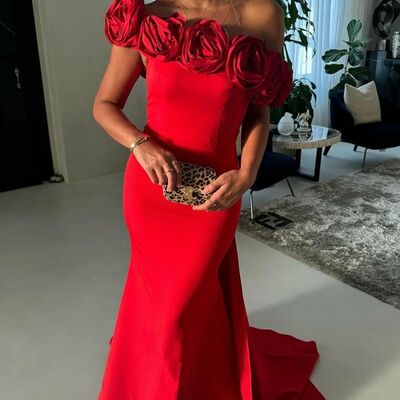 Red sheath sequins handmade flowers prom dress evening formal gowns - Thumbnail 4