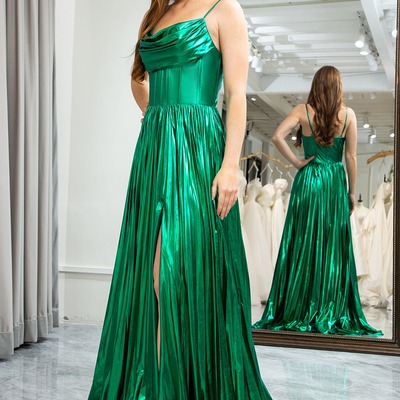  a line spaghetti straps dark green prom dress long corset evening dress with slit,pd231327