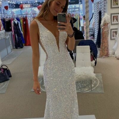 White sheath sequins lace prom dress formal dress evening gowns - Thumbnail 2