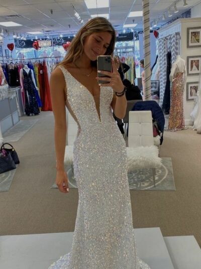 White Sheath Sequins Lace Prom Dress Formal Dress Evening Gowns