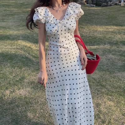 Polka dot v-neck elegant ruffle waist slimming dress - Thumbnail 5