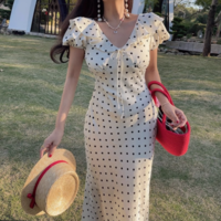 Polka dot V-neck elegant ruffle waist slimming dress - Thumbnail 4