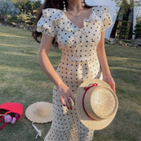 Polka dot V-neck elegant ruffle waist slimming dress - Thumbnail 1