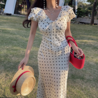 Polka dot V-neck elegant ruffle waist slimming dress - Thumbnail 5