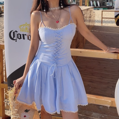 Striped lace strappy suspender skirt - Thumbnail 5