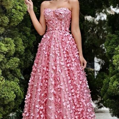 Elegant pink a line lace prom dress evening formal gowns