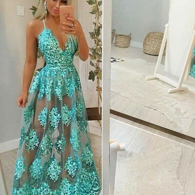 Simple blue  a line tulle prom dress evening formal gowns - Thumbnail 4