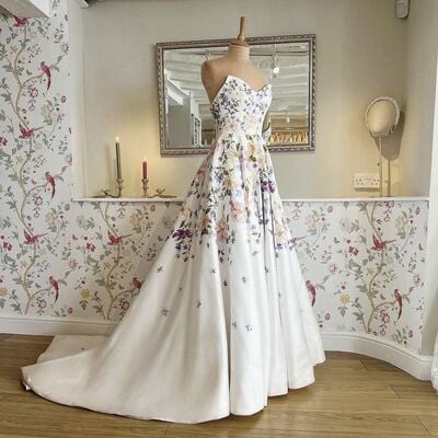 Floral wedding dress, satin bridal dress wedding gown
