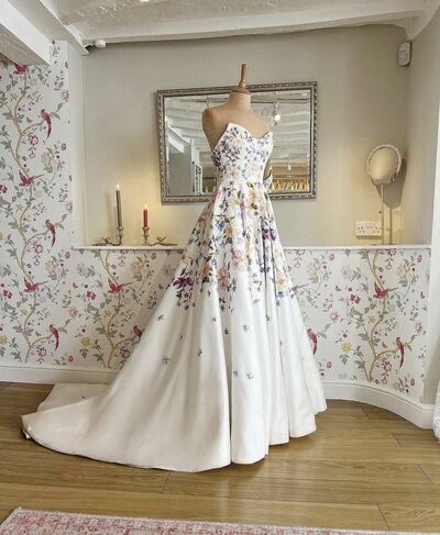 Floral Wedding Dress, Satin Bridal Dress Wedding Gown