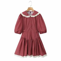 Retro polka dot sweet lace edge lapel small floral waist dress - Thumbnail 3