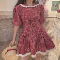 Retro polka dot sweet lace edge lapel small floral waist dress - Thumbnail 4