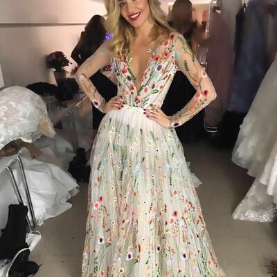 Floral wedding dress, v-neck bridal dress wedding gown