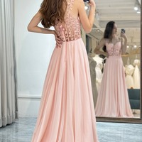 Backless Light Pink Prom Dress Long Corset Evening Dress With Appliques,PD231329 - Thumbnail 1