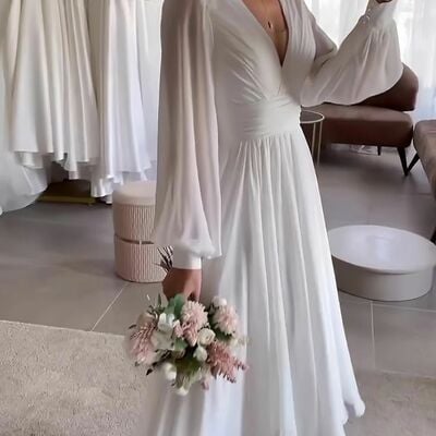 Short chiffon wedding dress, v-neck bridal dress wedding gown