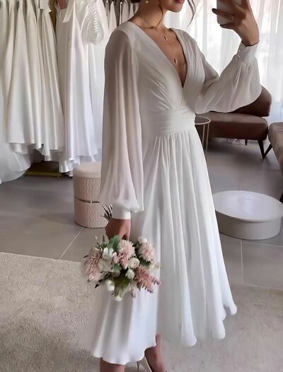 Short Chiffon Wedding Dress, V-neck Bridal Dress Wedding Gown