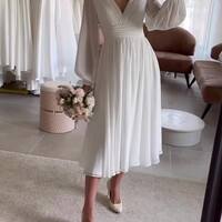 Short Chiffon Wedding Dress, V-neck Bridal Dress Wedding Gown - Thumbnail 1