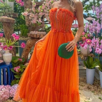 Elegant orange tulle prom dress formal dress evening gowns - Thumbnail 2
