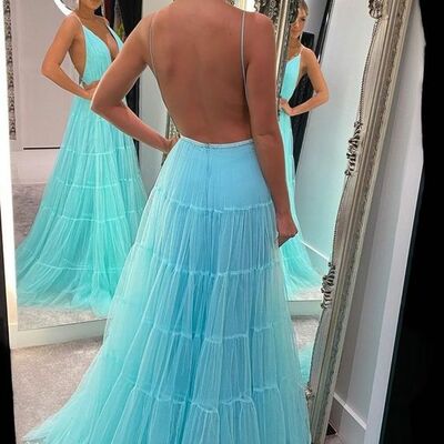 Elegant sky blue backless prom dress evening formal gowns