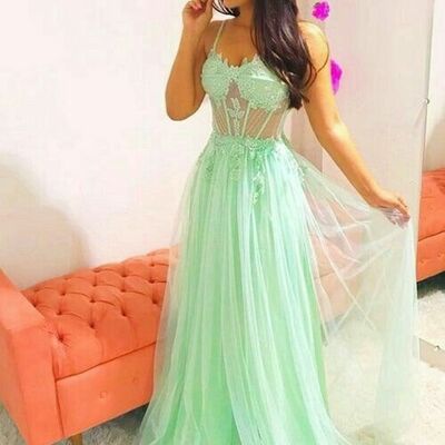 Elegant a line lace mint green prom dress formal dress evening gowns - Thumbnail 2