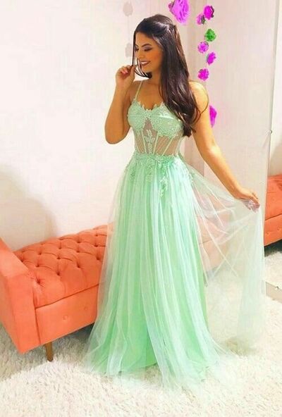 Elegant A Line Lace Mint Green Prom Dress Formal Dress Evening Gowns