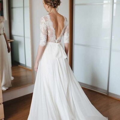 Modest wedding dress, open back bridal dress wedding gown