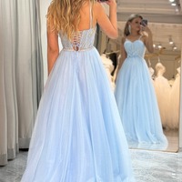 A Line Light Blue Tulle Prom Dress,Long Corset Evening Dress,PD231332 - Thumbnail 1