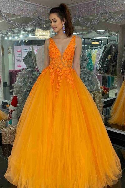 Elegant Orange Ball Gown Tulle Prom Dress Formal Dress Evening Gowns