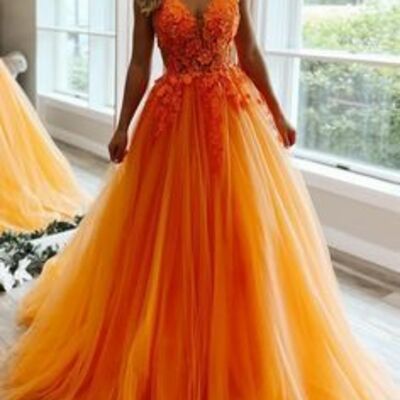 Elegant orange ball gown tulle lace appliques prom dress evening formal gowns - Thumbnail 1