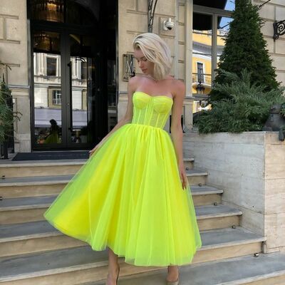 Elegant ball gown tulle yellow tea-length prom dress evening formal gowns