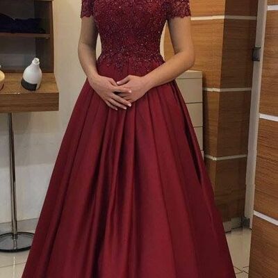 Elegant wine red burgundy lace appliques prom dress evening formal gowns