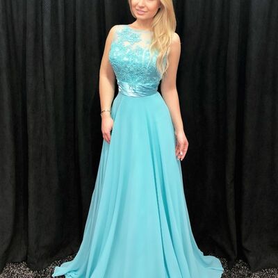 Elegant blue a line lace prom dress formal dress evening gowns - Thumbnail 2