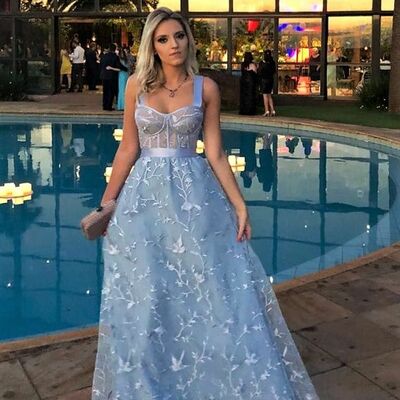 Elegant sky blue a line lace appliques prom dress evening formal gowns - Thumbnail 2