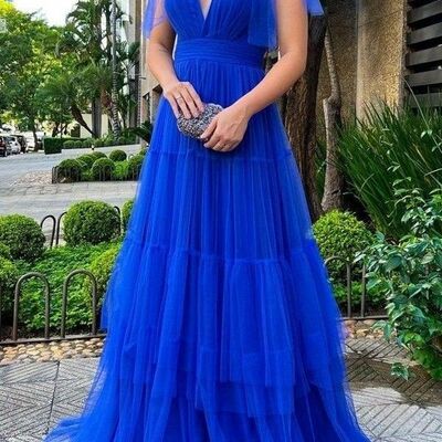 Elegant royal blue a line tulle prom dress evening formal gowns