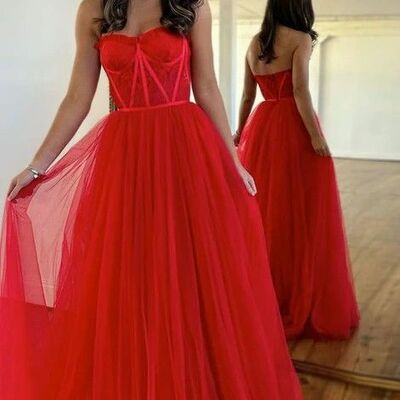 Elegant red  ball gown tulle sequins prom dress formal dress evening gowns - Thumbnail 4