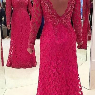 Elegant red mermaid lace prom dress formal evening dresses