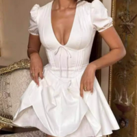 Women'S Temperament V-Neck Bubble Sleeve Solid Color Butterfly Dress - Thumbnail 1