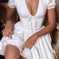 Women'S Temperament V-Neck Bubble Sleeve Solid Color Butterfly Dress - Thumbnail 3