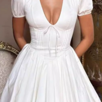 Women'S Temperament V-Neck Bubble Sleeve Solid Color Butterfly Dress - Thumbnail 4