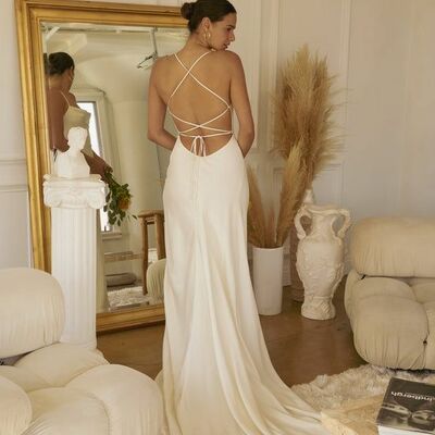Sheath wedding dress, crisscross back bridal dress wedding gown