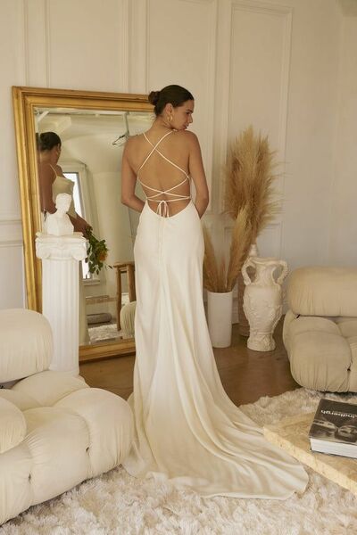 Sheath Wedding Dress, Crisscross Back Bridal Dress Wedding Gown