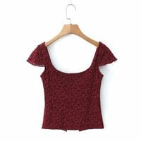 Bow design slit printed square neck shoulder casual top - Thumbnail 4