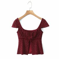 Bow design slit printed square neck shoulder casual top - Thumbnail 5