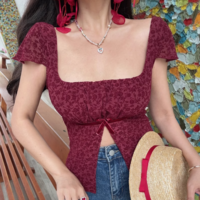 Bow design slit printed square neck shoulder casual top - Thumbnail 1