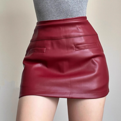 Double pocket fashion pu leather skirt fake pocket fashion skirt