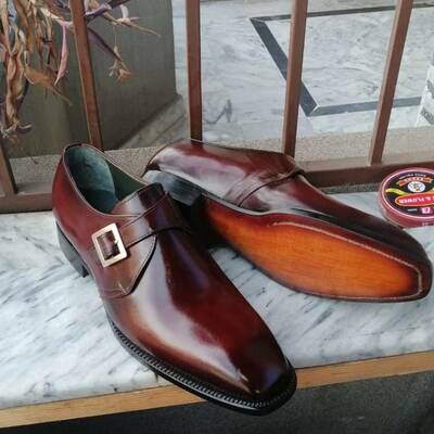Handmade men's maroon single monk strap formal dress shoes - Thumbnail 1