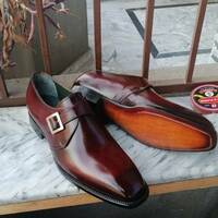 Handmade Men's Maroon Single Monk Strap Formal Dress Shoes - Thumbnail 1